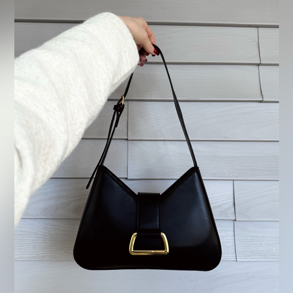 New Black Leather Shoulder Bag with Gold Accent